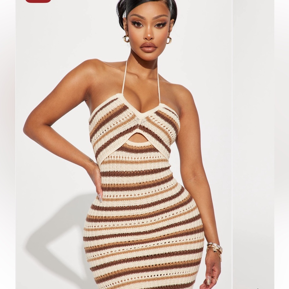 Fashion nova Brown and Cream Knitted and knotted crochet halter Midi Dress - Picture 2 of 10